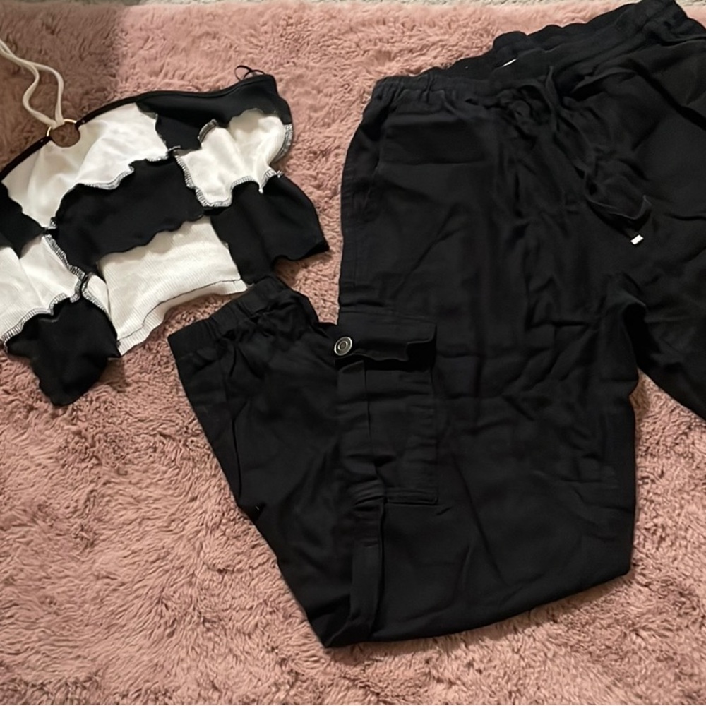 Black Cargo Pants and Black & White Crop Top Set